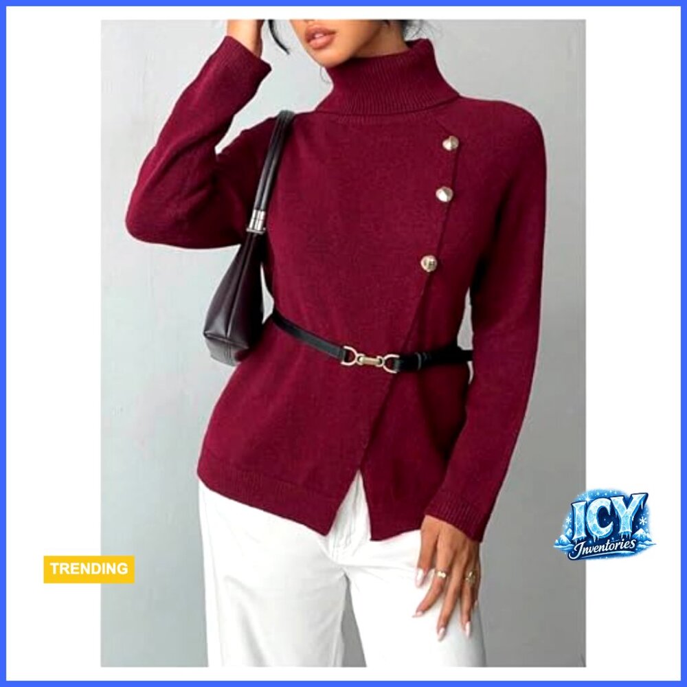 Fitted Pullover Sweater With Button Wrap Turtlene… - image 3